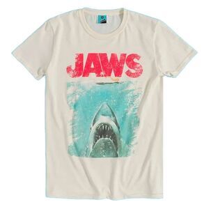Jaws Unisex Adult Movie Poster Distressed T-Shirt / Beige